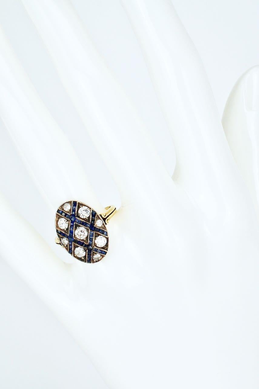 Art Deco 18 Karat Yellow Gold Diamond Sapphire Oval Lattice Ring In Good Condition For Sale In Sydney, NSW