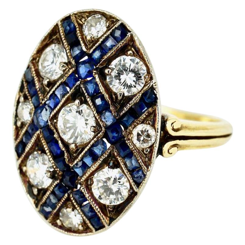 Art Deco 18 Karat Yellow Gold Diamond Sapphire Oval Lattice Ring For Sale