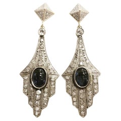 18 Karat Gelbgold Platin, Saphir Cabochon Diamanten Tropfenohrringe im Art déco-Stil