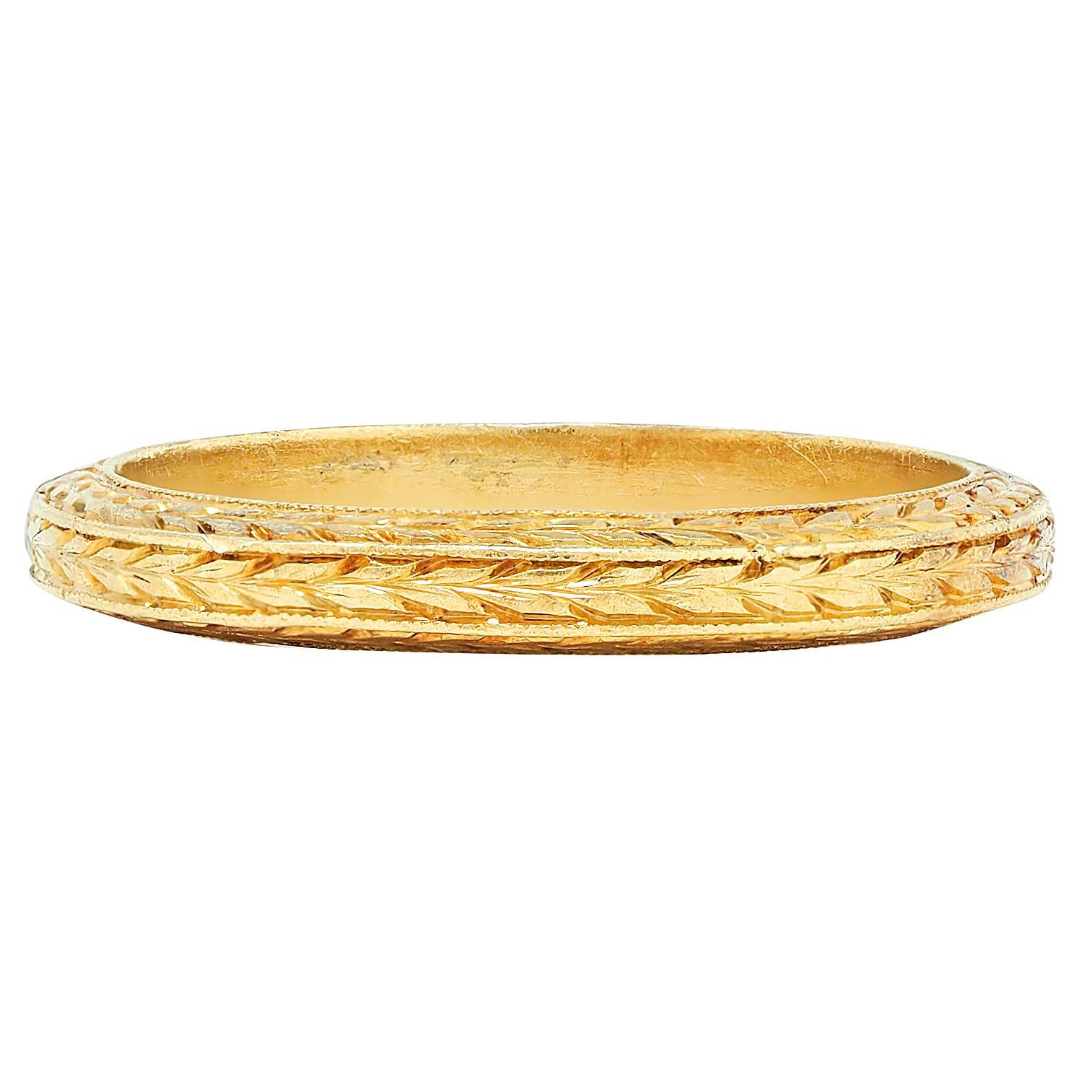 Art Deco 18 Karat Yellow Gold Vintage Wheat Wedding Band Ring For Sale 1