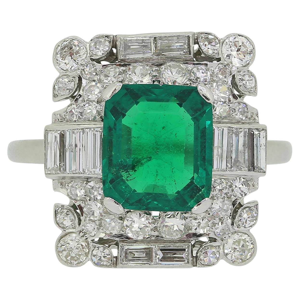 Art Deco 1.80 Carat Colombian Emerald and Diamond Ring