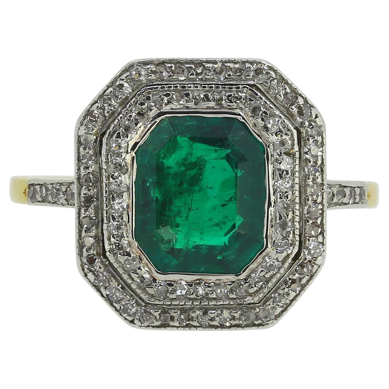 Art Deco 1.80 Carat Emerald and Diamond Cluster Ring