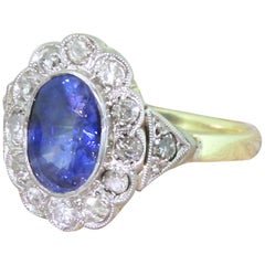 Art Deco 1.80 Carat Sapphire and Old Cut Diamond Cluster Ring, circa 1935