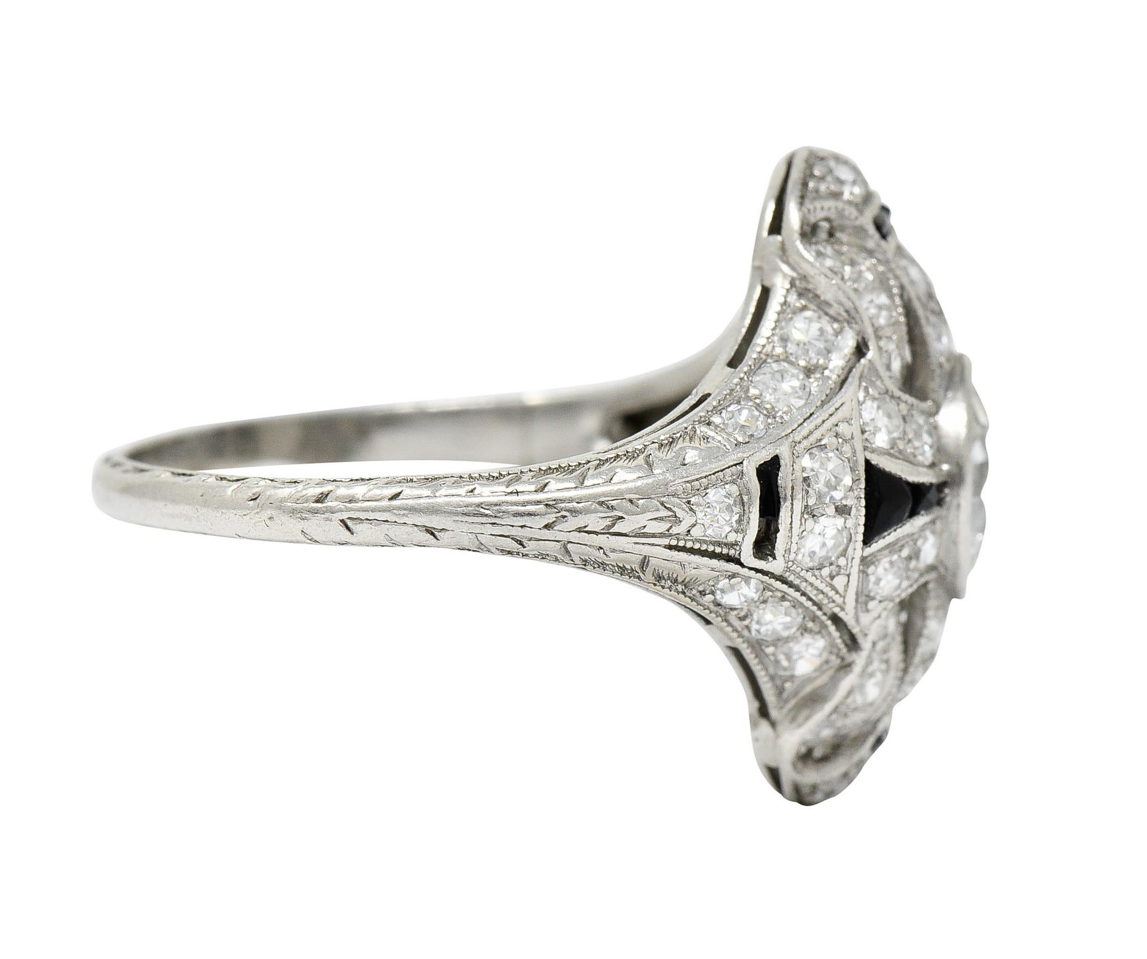 Single Cut Art Deco 1.80 Carats Diamond Onyx Platinum Dinner Ring, Circa 1930