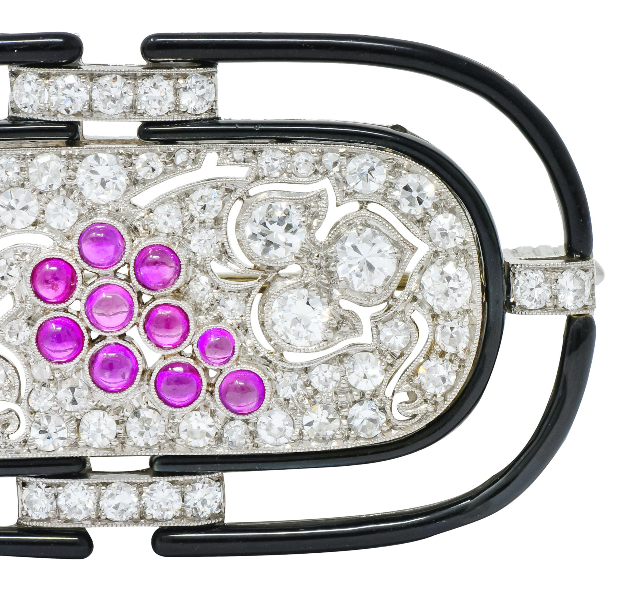 Women's or Men's Art Deco 1.80 Carat Diamond Ruby Platinum Grape Cluster Enamel Brooch