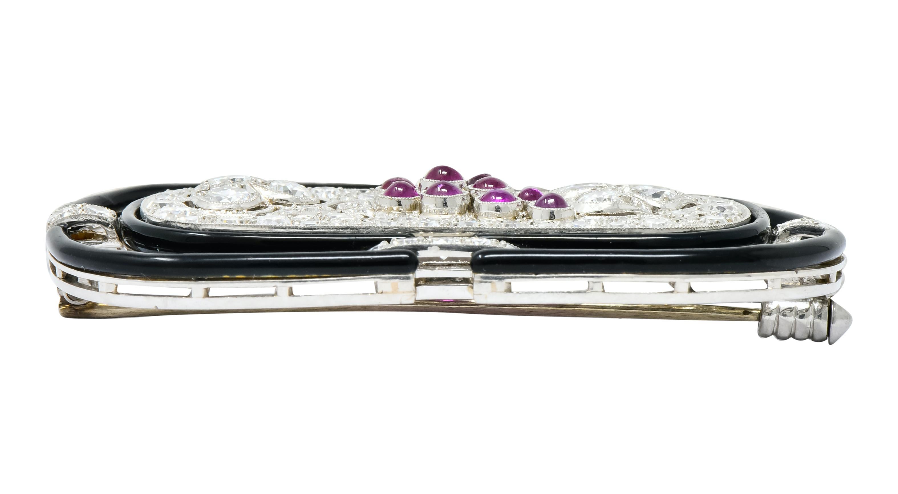 Art Deco 1.80 Carat Diamond Ruby Platinum Grape Cluster Enamel Brooch 1