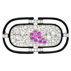 Art Deco 1.80 Carat Diamond Ruby Platinum Grape Cluster Enamel Brooch