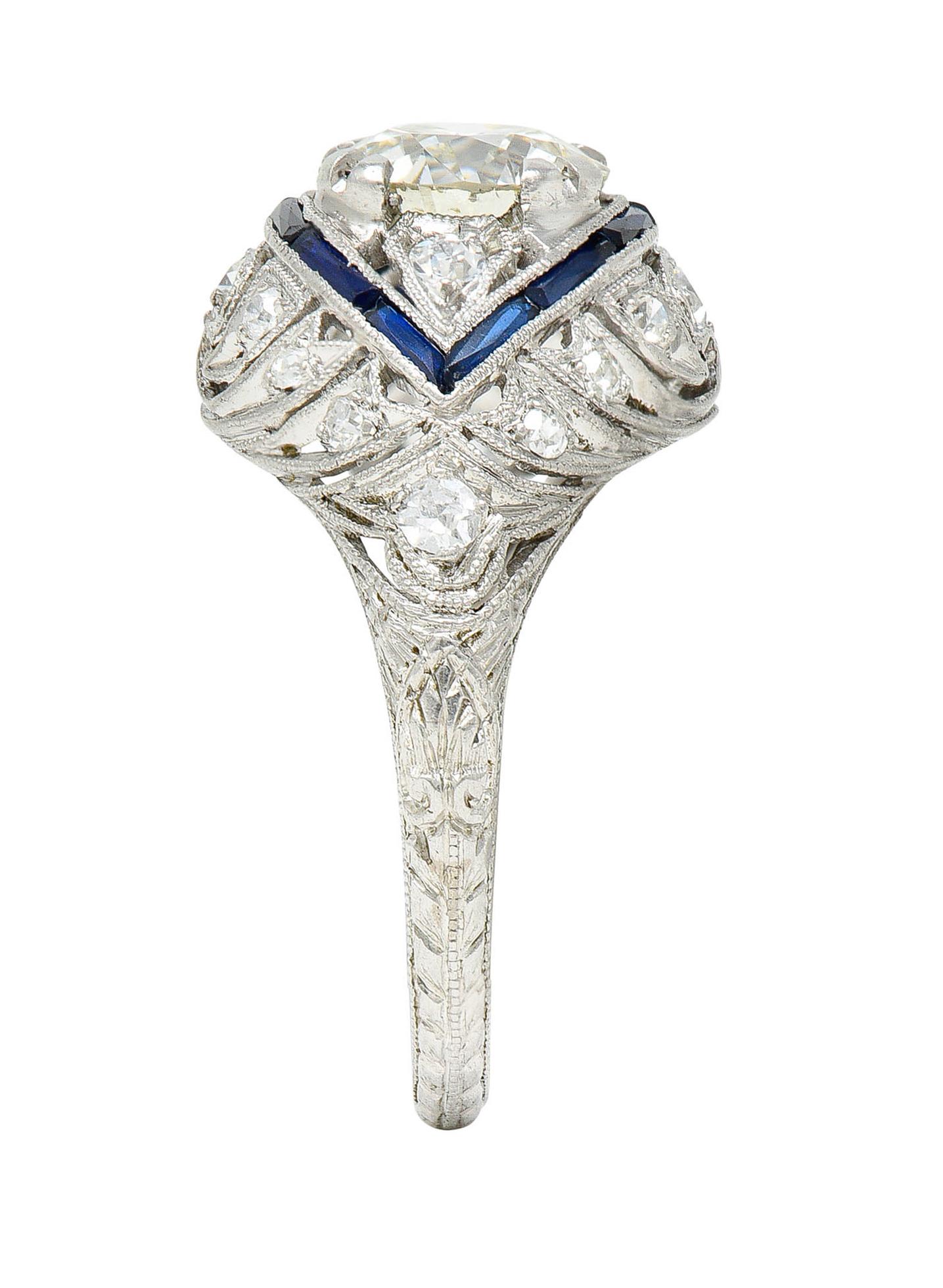 Art Deco 1.80 Carats Old European Cut Diamond Sapphire Platinum Engagement Ring For Sale 5