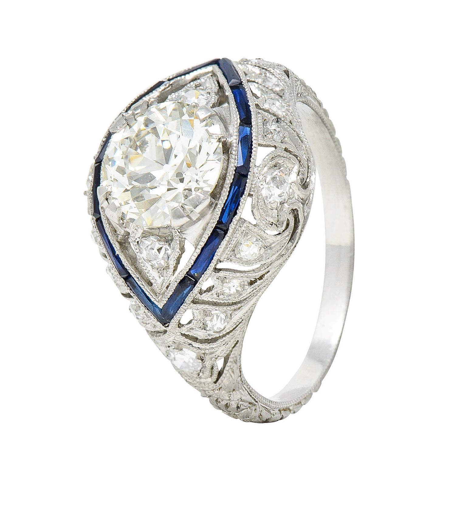 Art Deco 1.80 Carats Old European Cut Diamond Sapphire Platinum Engagement Ring For Sale 6