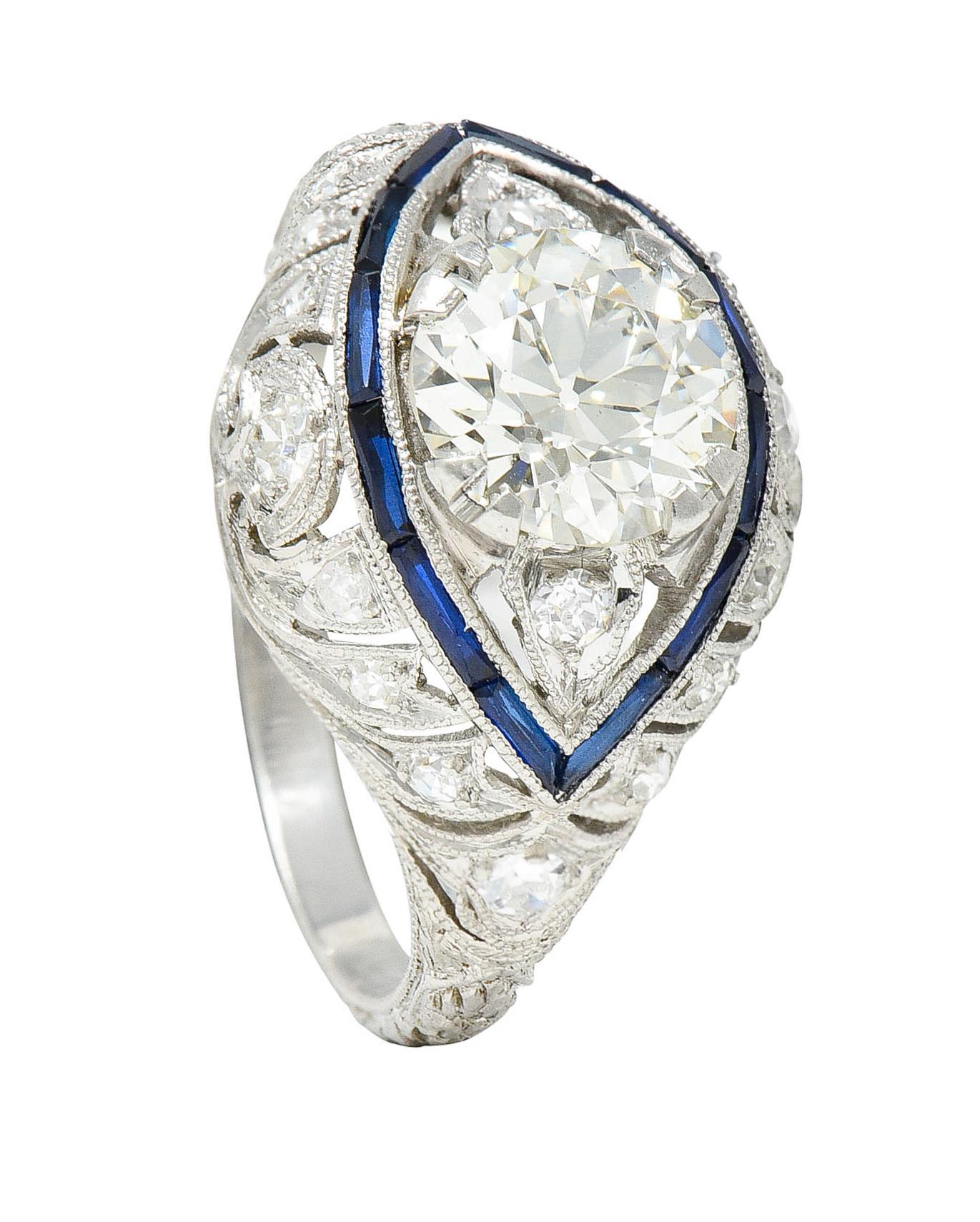 Art Deco 1.80 Carats Old European Cut Diamond Sapphire Platinum Engagement Ring For Sale 7