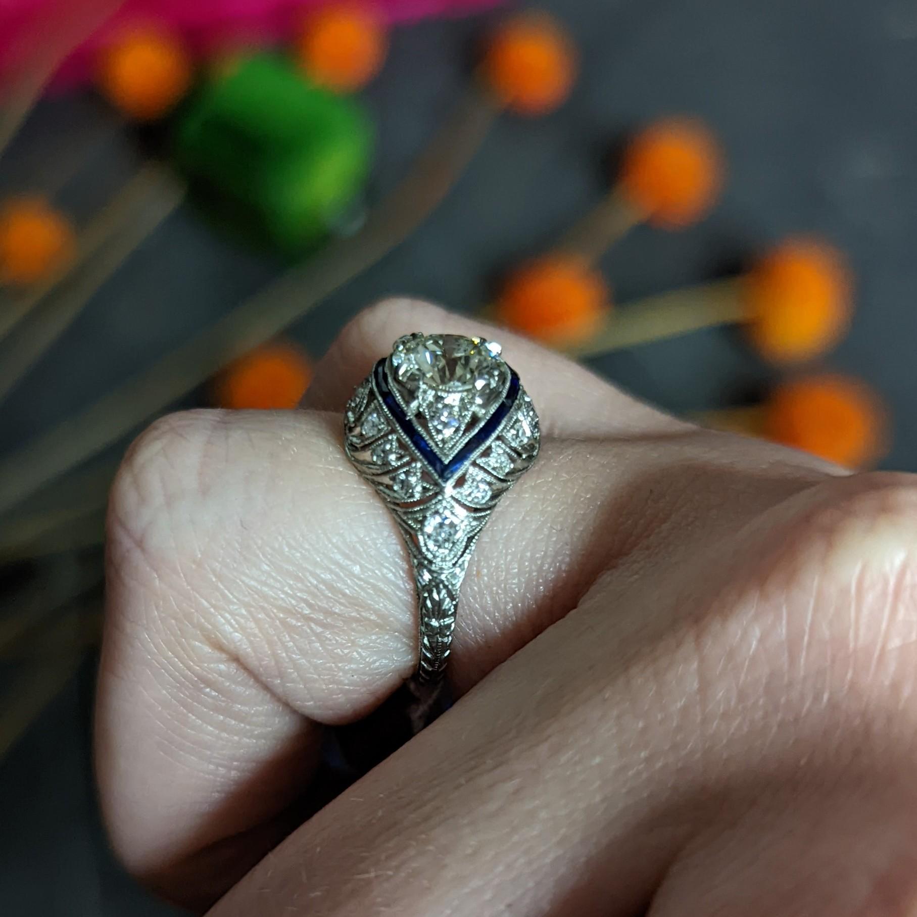 Art Deco 1.80 Carats Old European Cut Diamond Sapphire Platinum Engagement Ring For Sale 9