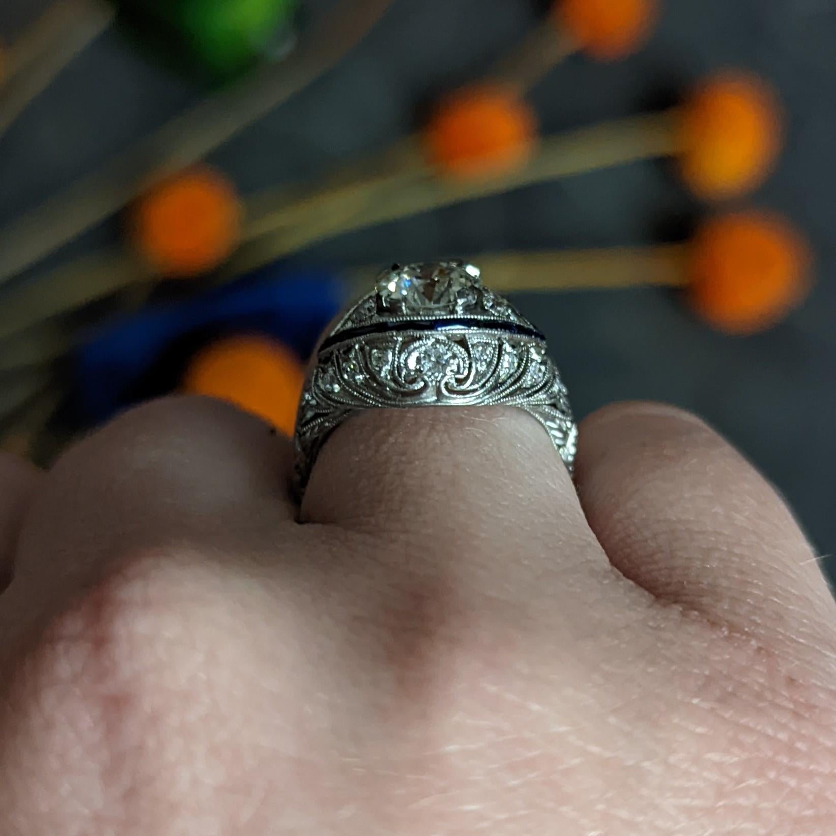 Art Deco 1.80 Carats Old European Cut Diamond Sapphire Platinum Engagement Ring For Sale 10