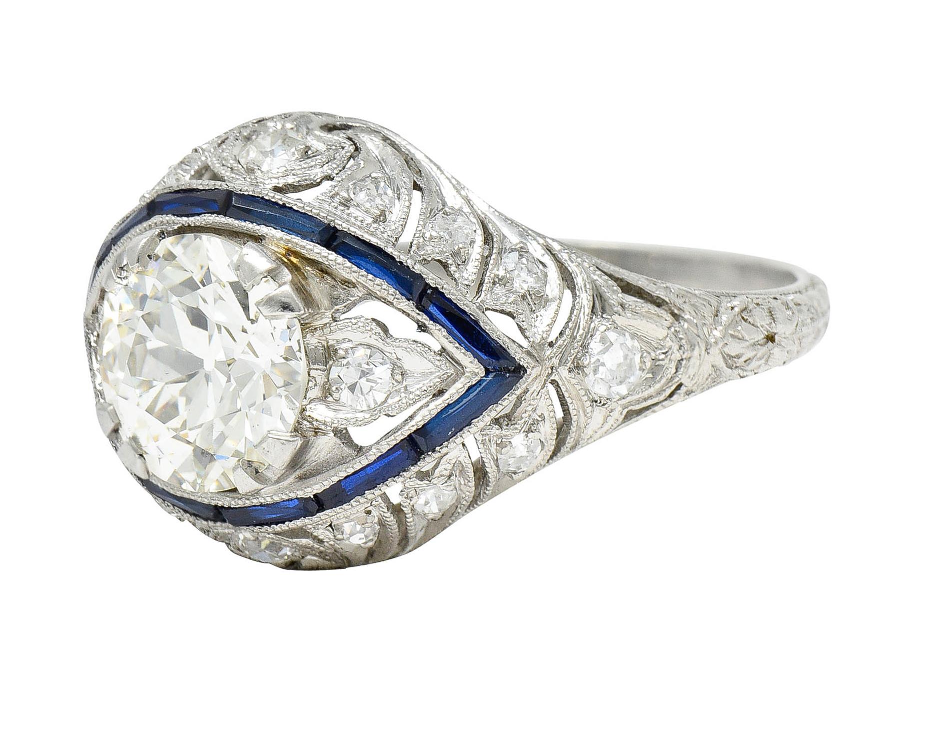 Art Deco 1.80 Carats Old European Cut Diamond Sapphire Platinum Engagement Ring For Sale 1