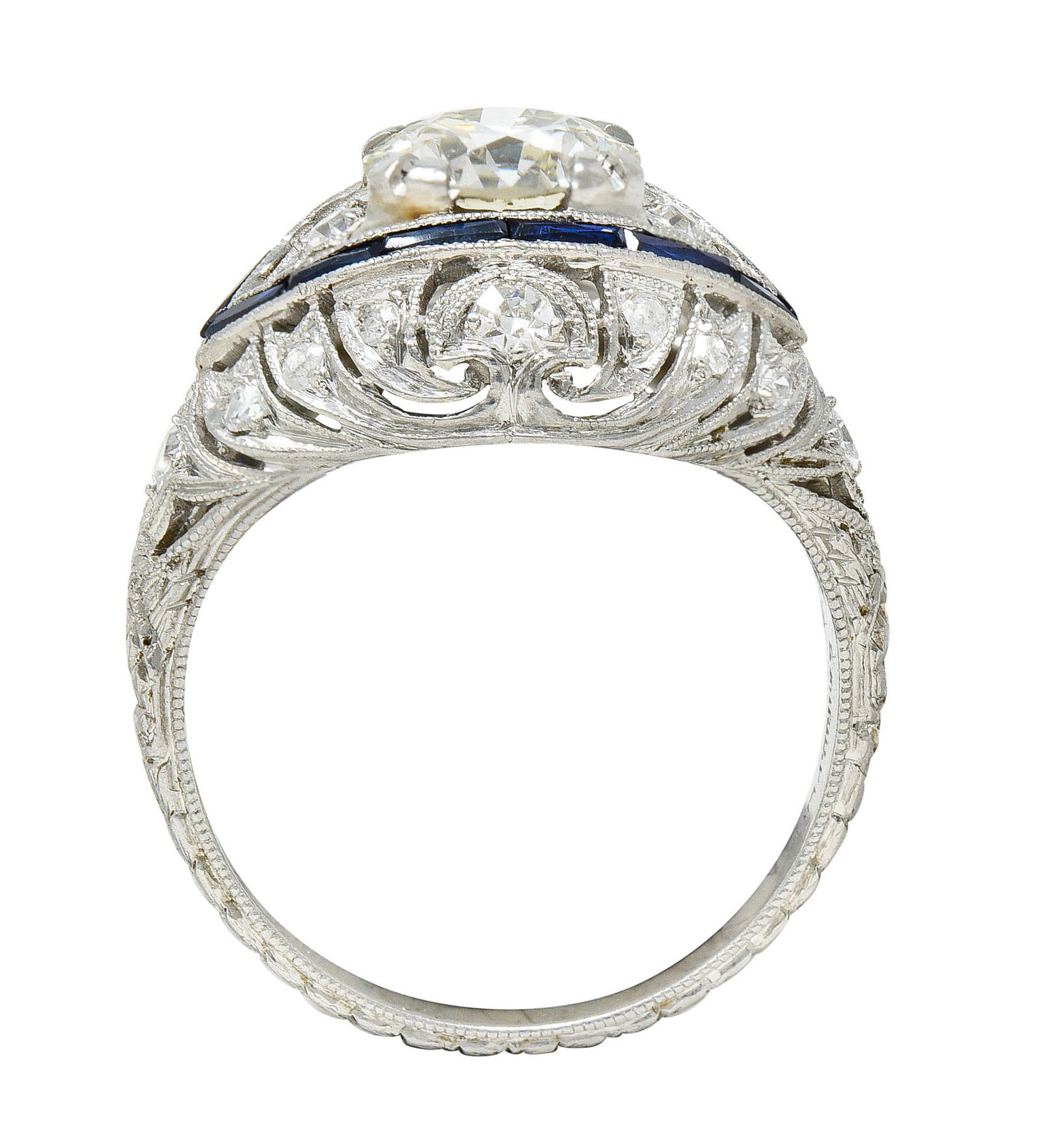 Art Deco 1.80 Carats Old European Cut Diamond Sapphire Platinum Engagement Ring For Sale 3