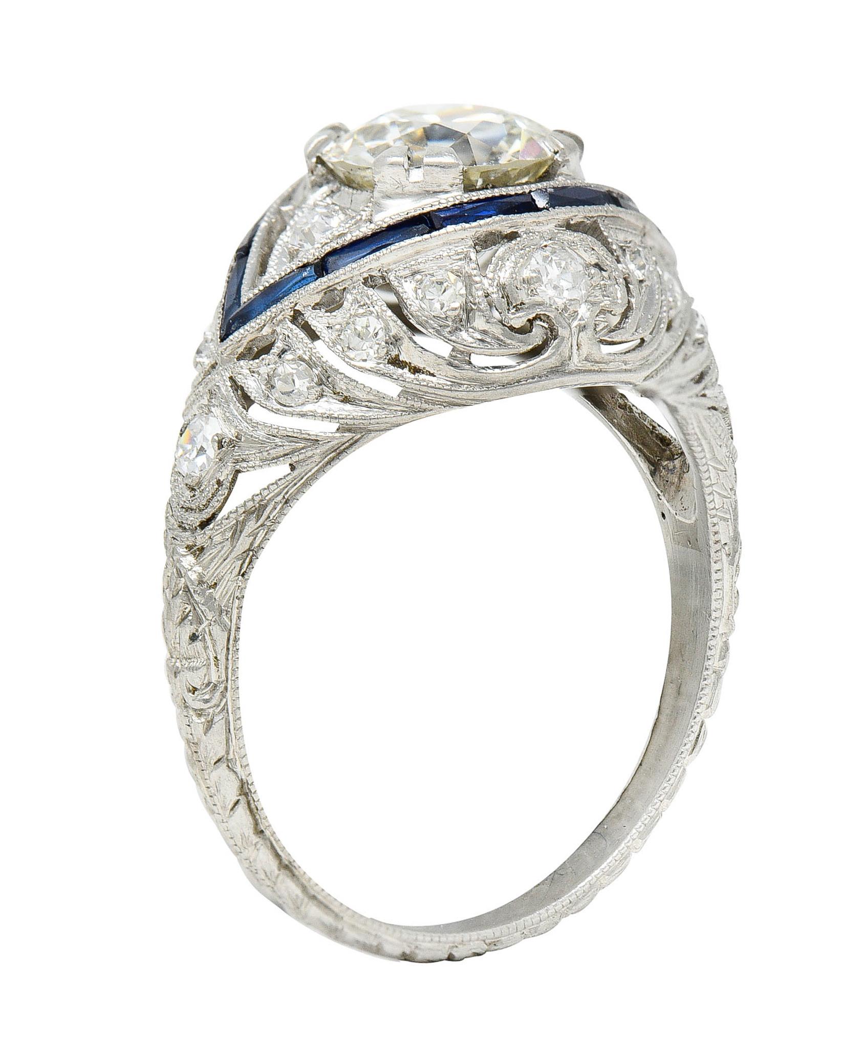 Art Deco 1.80 Carats Old European Cut Diamond Sapphire Platinum Engagement Ring For Sale 4