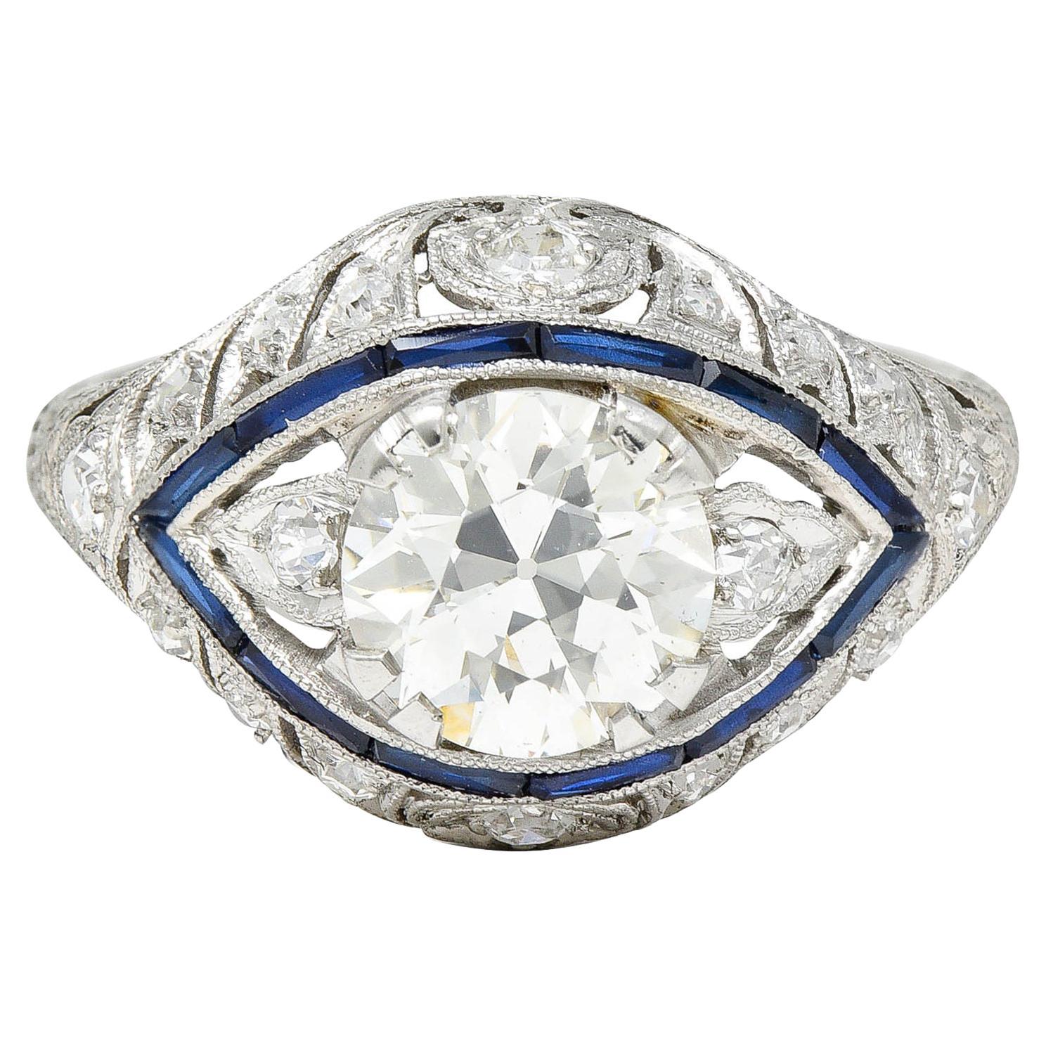 Anillo de compromiso Art Decó en platino con zafiro y diamantes talla europea antigua de 1,80 quilates