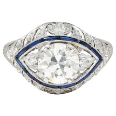 Art Deco 1.80 Carats Old European Cut Diamond Sapphire Platinum Engagement Ring