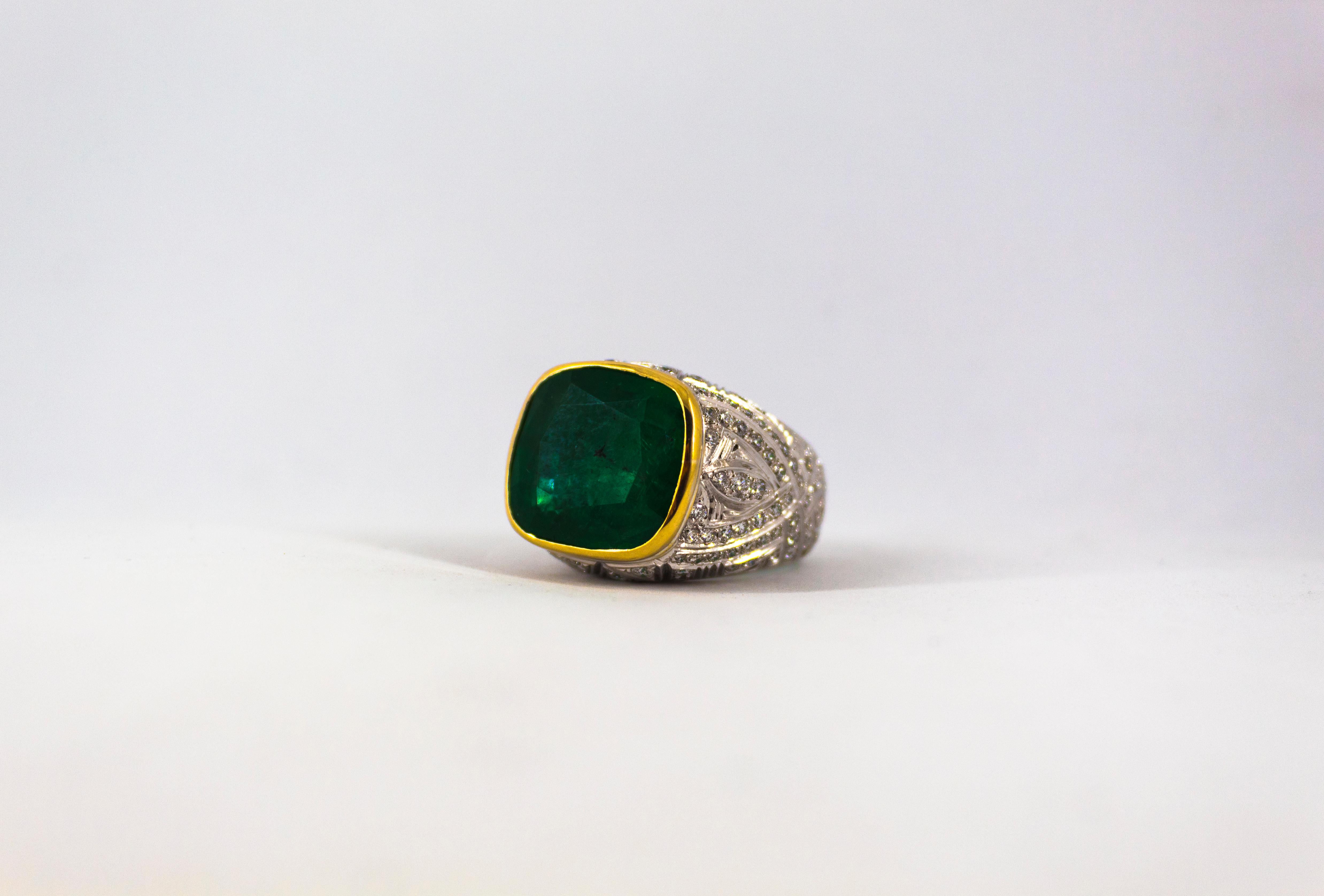 Art Deco 18.04 Carat Emerald 1.80 Carat White Diamond White Gold Cocktail Ring 14