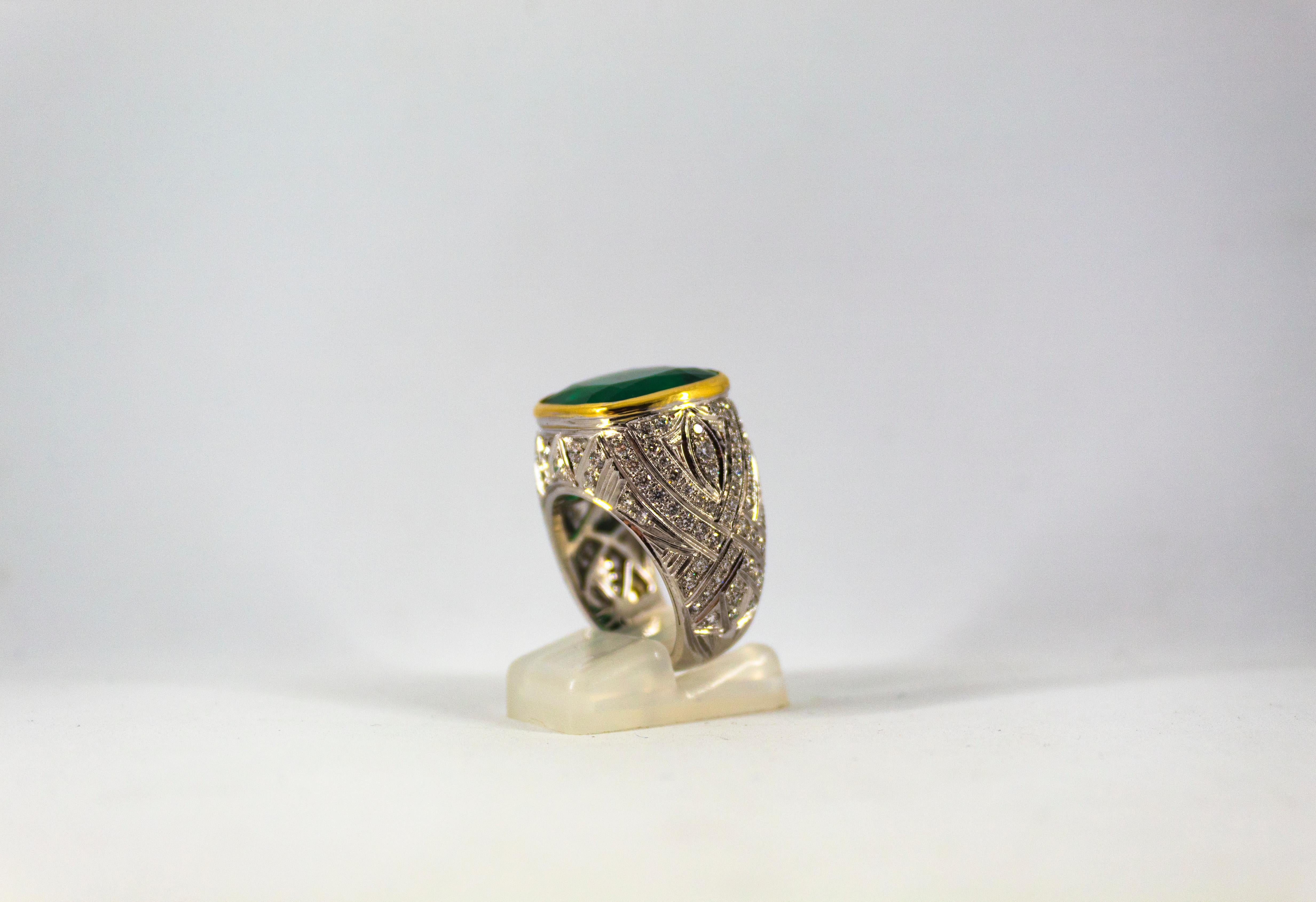 Women's or Men's Art Deco 18.04 Carat Emerald 1.80 Carat White Diamond White Gold Cocktail Ring