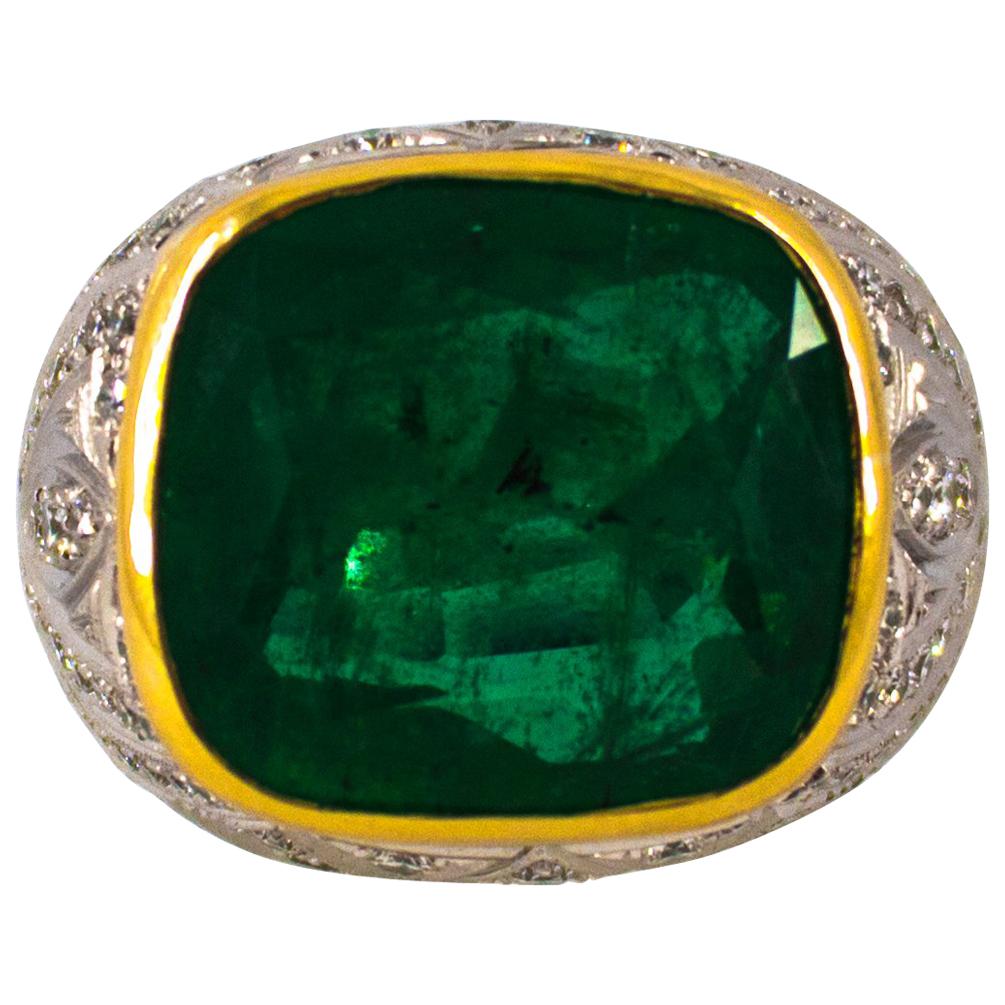 Art Deco 18.04 Carat Emerald 1.80 Carat White Diamond White Gold Cocktail Ring