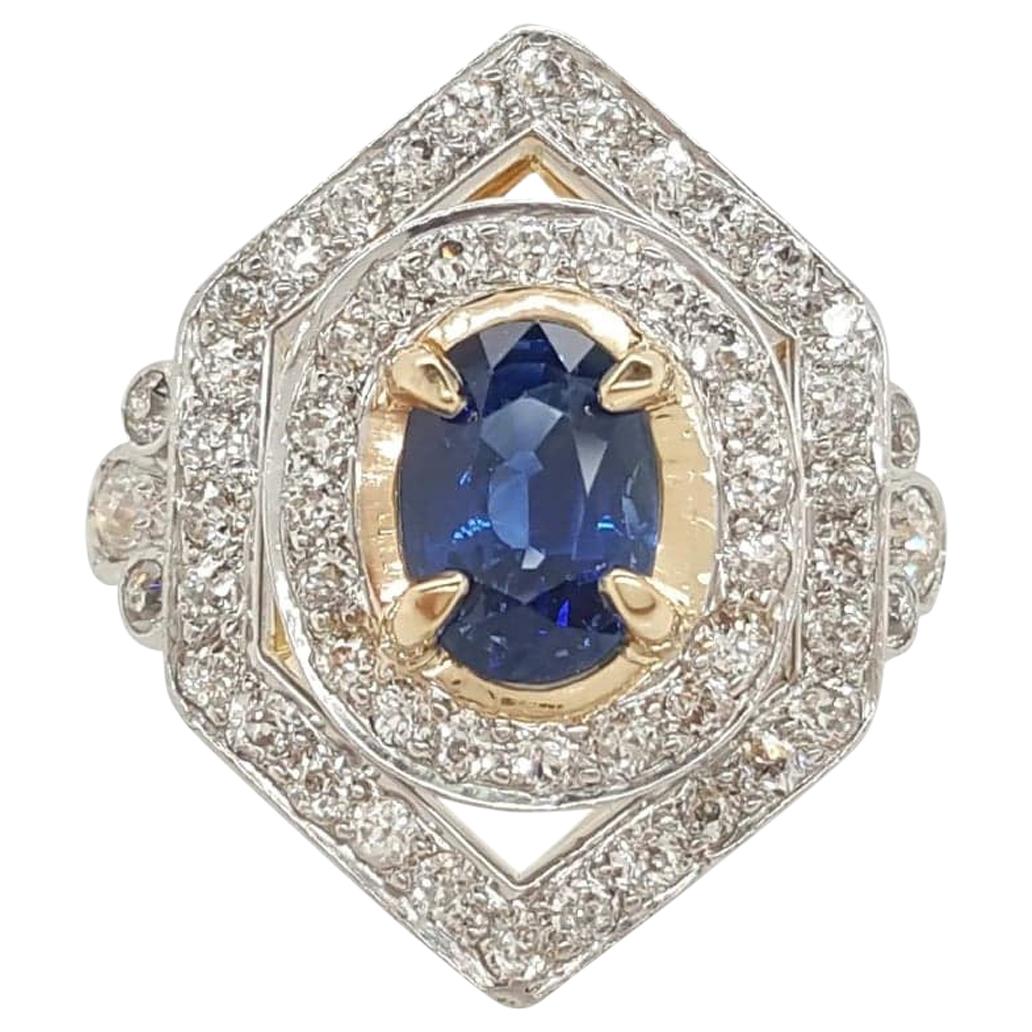 Art Deco 1.81 Carat Blue Sapphire and Diamond Cocktail Ring in 18K and Platinum