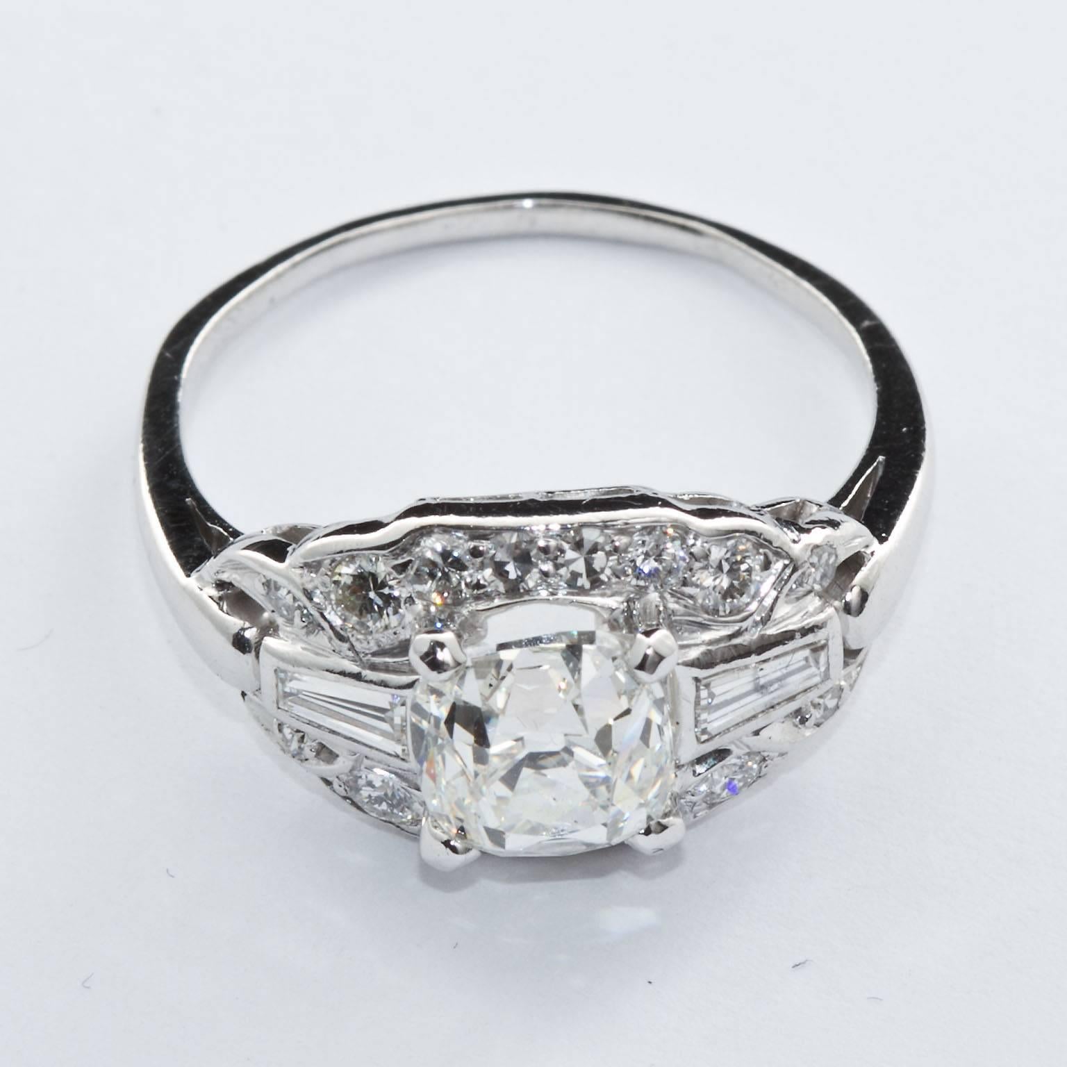 Art Deco 1.81 Carat Cushion Shape Diamond Platinum Ring GIA Cert In Excellent Condition In Lakewood, NJ