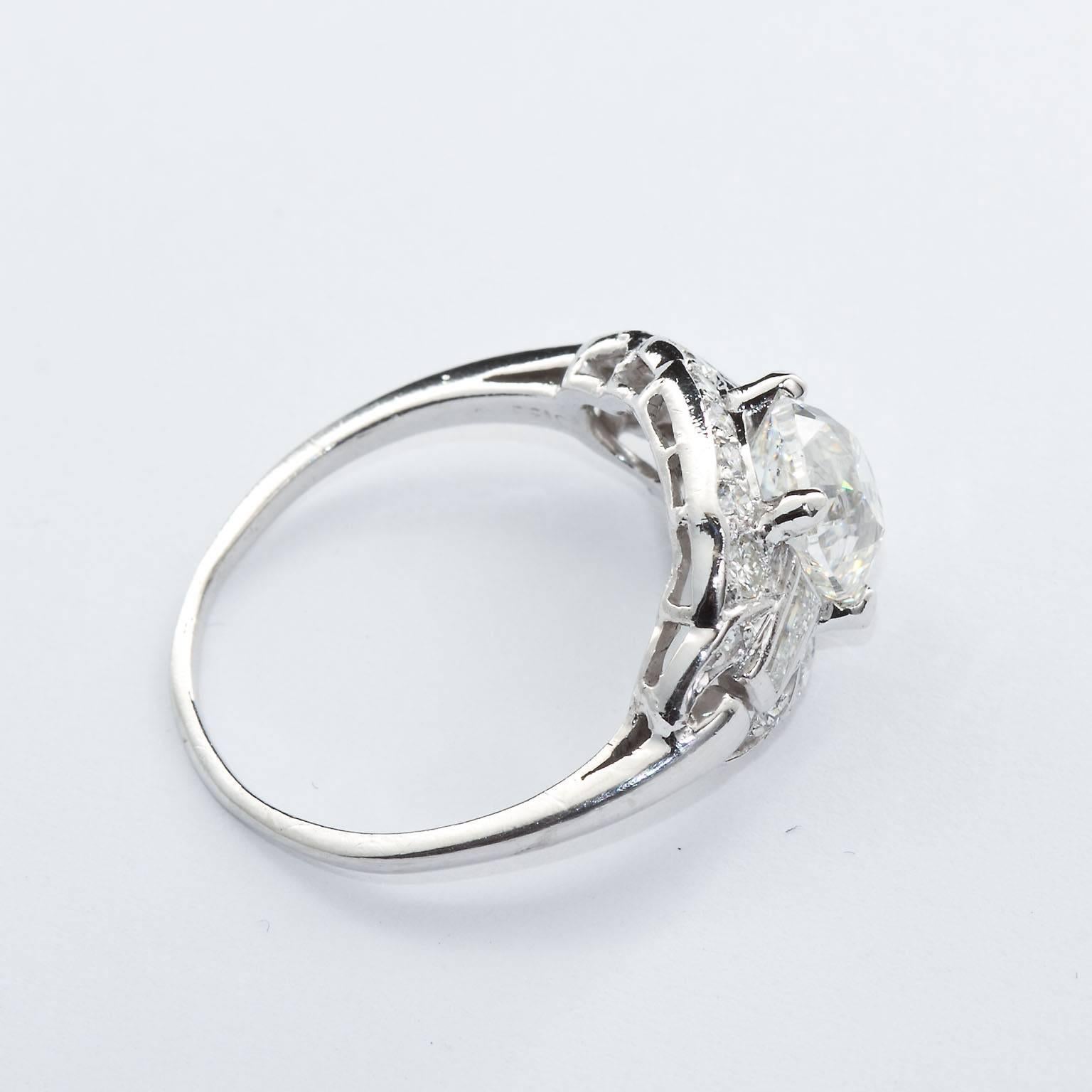 Women's Art Deco 1.81 Carat Cushion Shape Diamond Platinum Ring GIA Cert