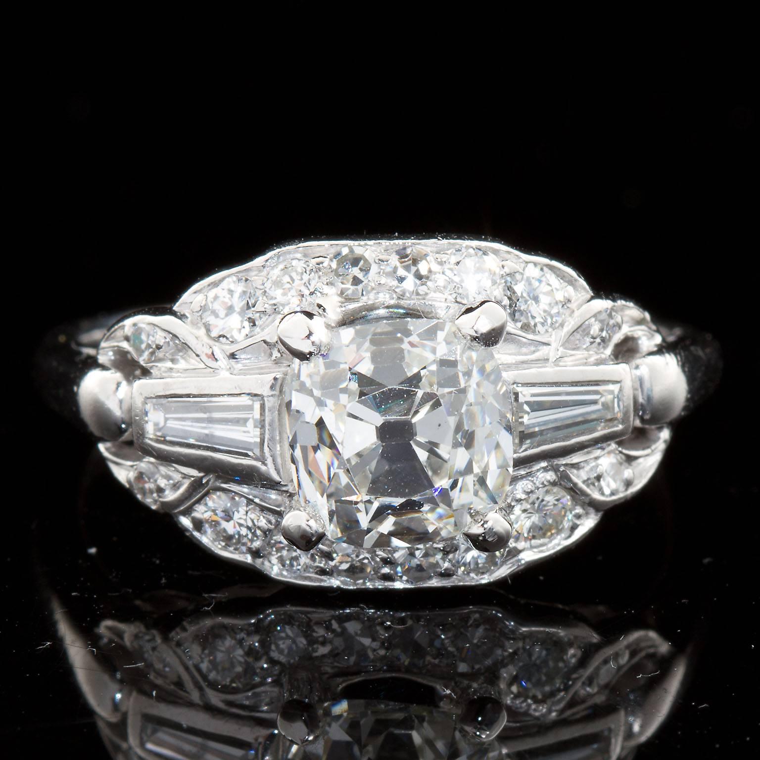 Art Deco 1.81 Carat Cushion Shape Diamond Platinum Ring GIA Cert 4