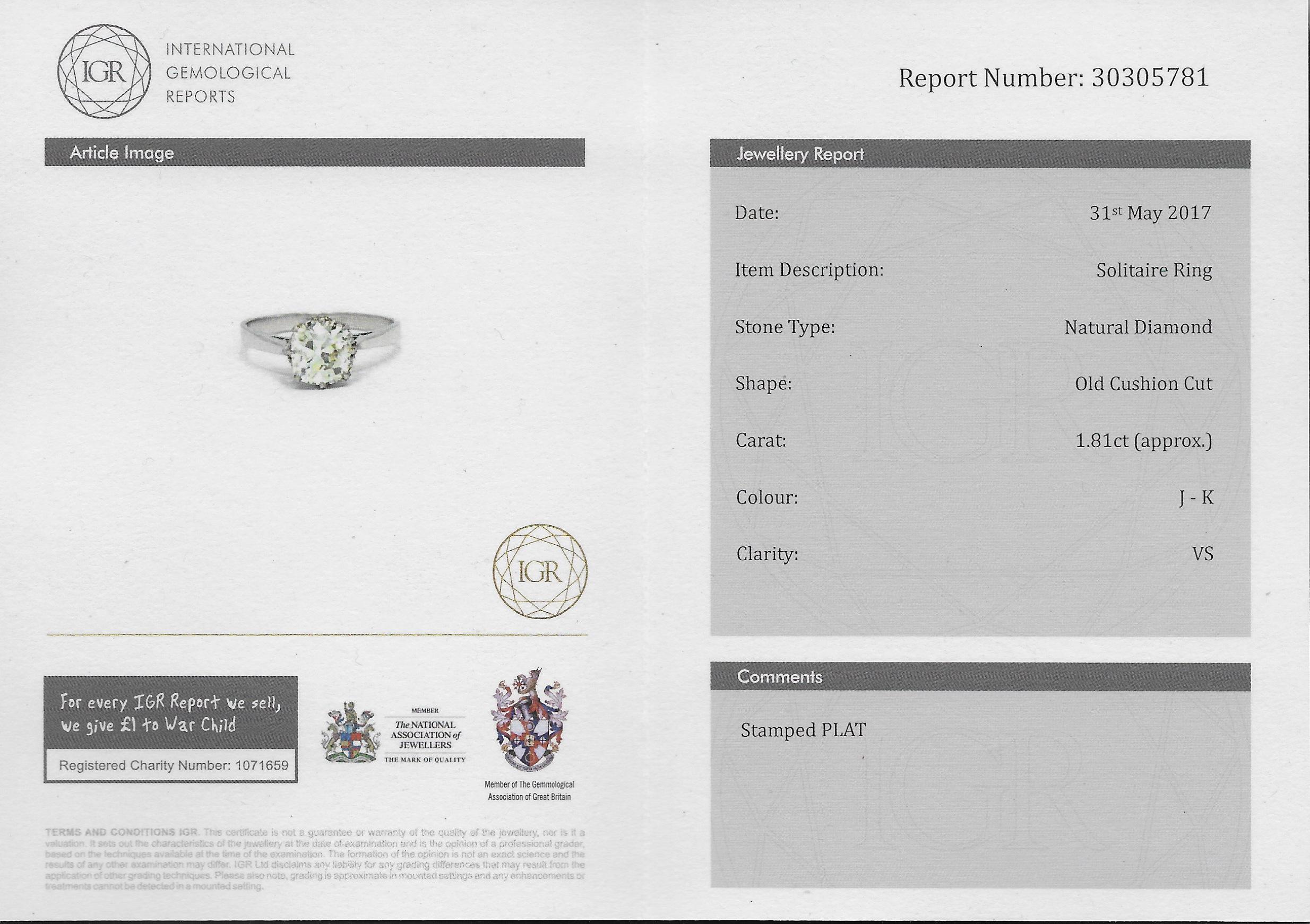 Art Deco 1.81 Carat Old Cut Diamond Engagement Platinum Ring In Good Condition In Essex, GB