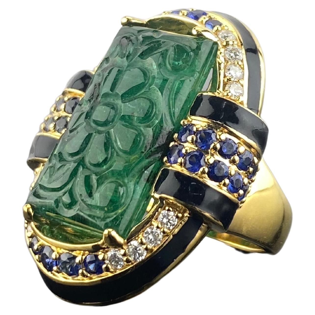 Art-Deco 18.20 Carat Carved Emerald, Blue Sapphire and Diamond Cocktail Ring