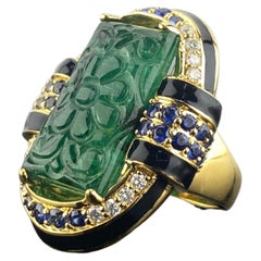 Art-Deco 18.20 Carat Carved Emerald, Blue Sapphire and Diamond Cocktail Ring
