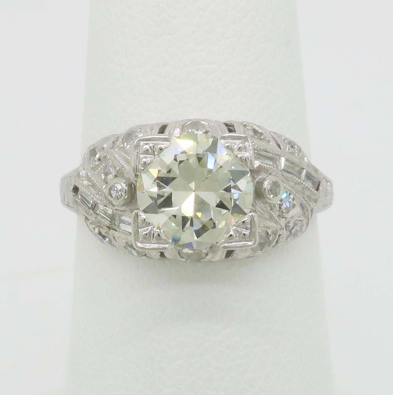 Round Cut Art Deco 1.82CTW Diamond Ring Crafted in Platinum For Sale