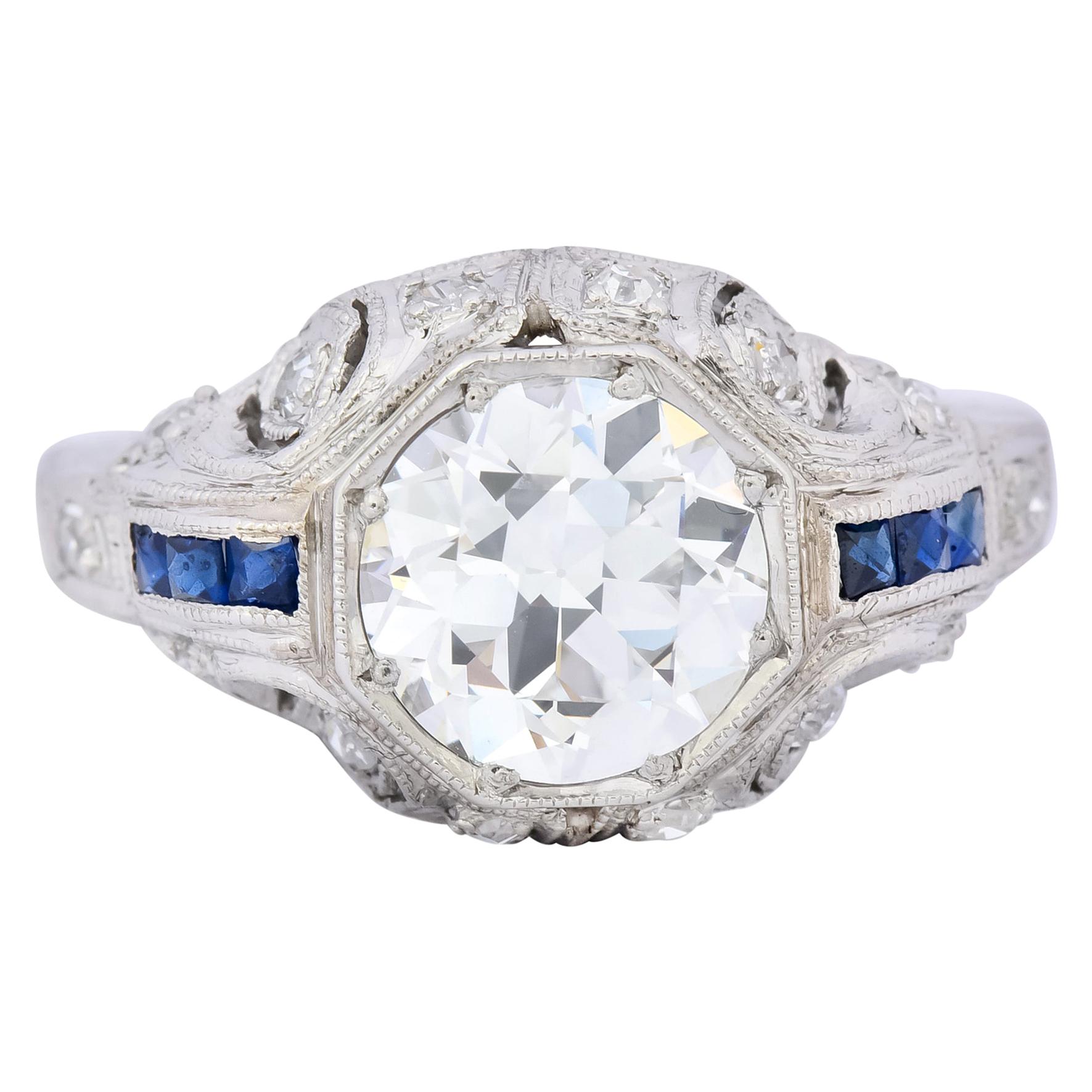 Art Deco 1.83 Carat Diamond Sapphire Platinum Engagement Ring GIA