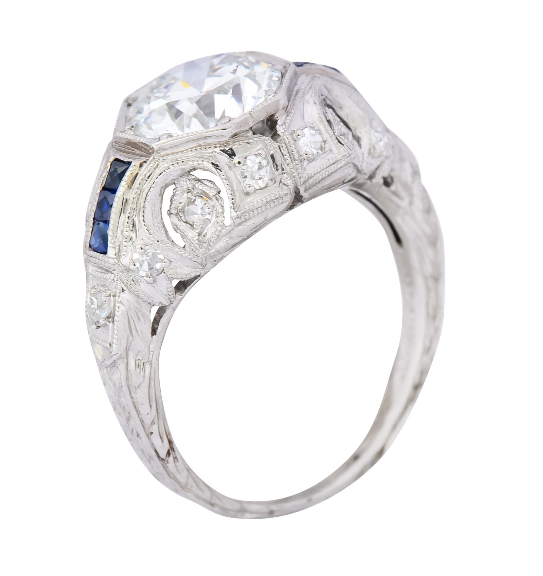 Art Deco 1.83 Carat Diamond Sapphire Platinum Engagement Ring GIA 6