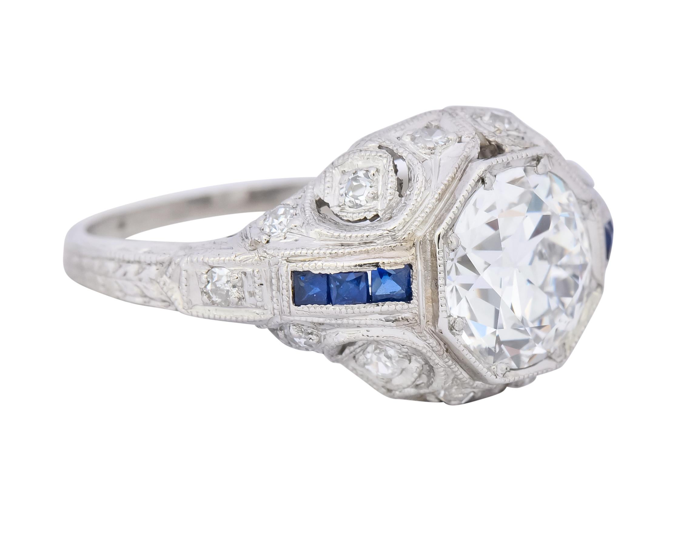 Art Deco 1.83 Carat Diamond Sapphire Platinum Engagement Ring GIA In Excellent Condition In Philadelphia, PA