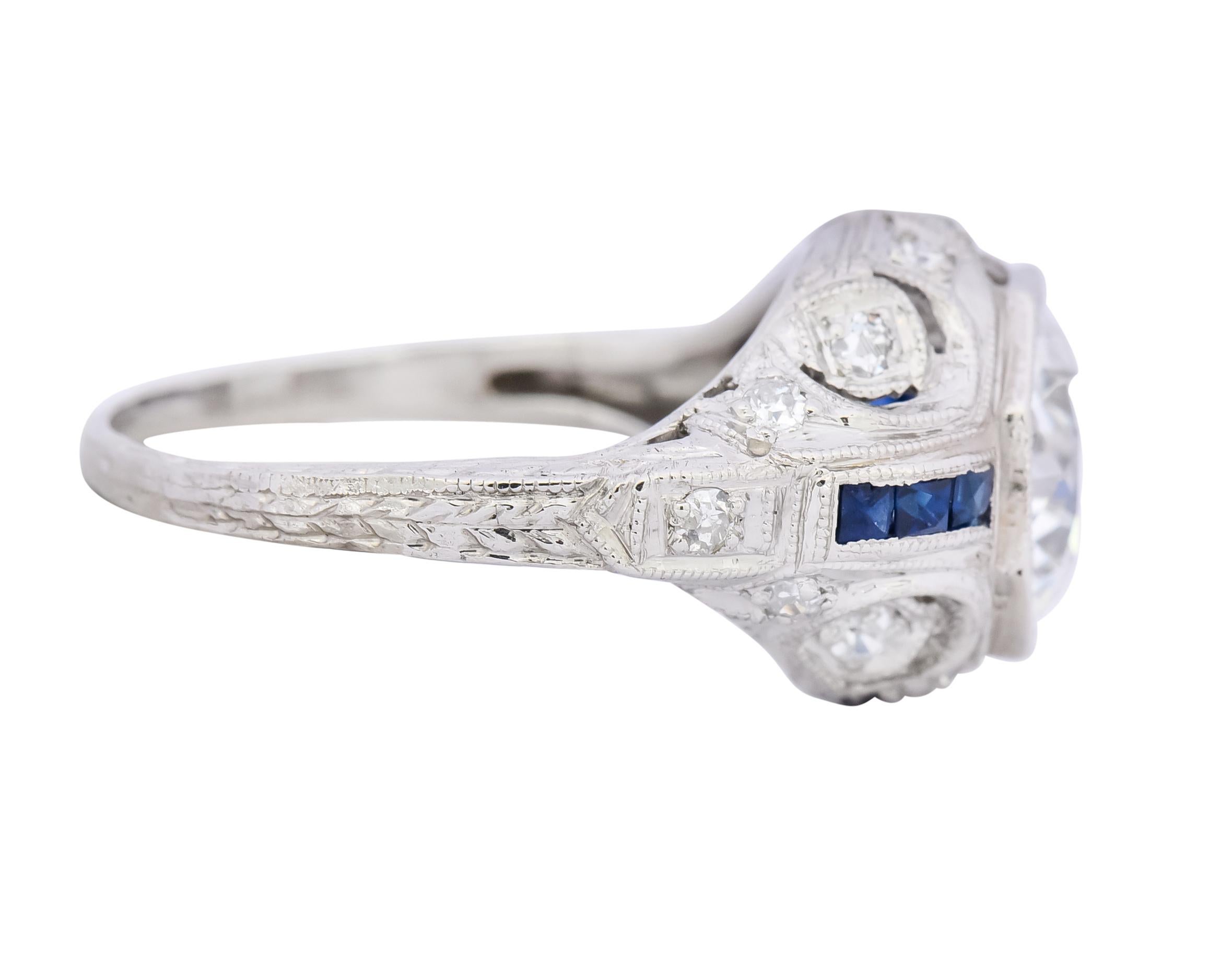 Women's or Men's Art Deco 1.83 Carat Diamond Sapphire Platinum Engagement Ring GIA