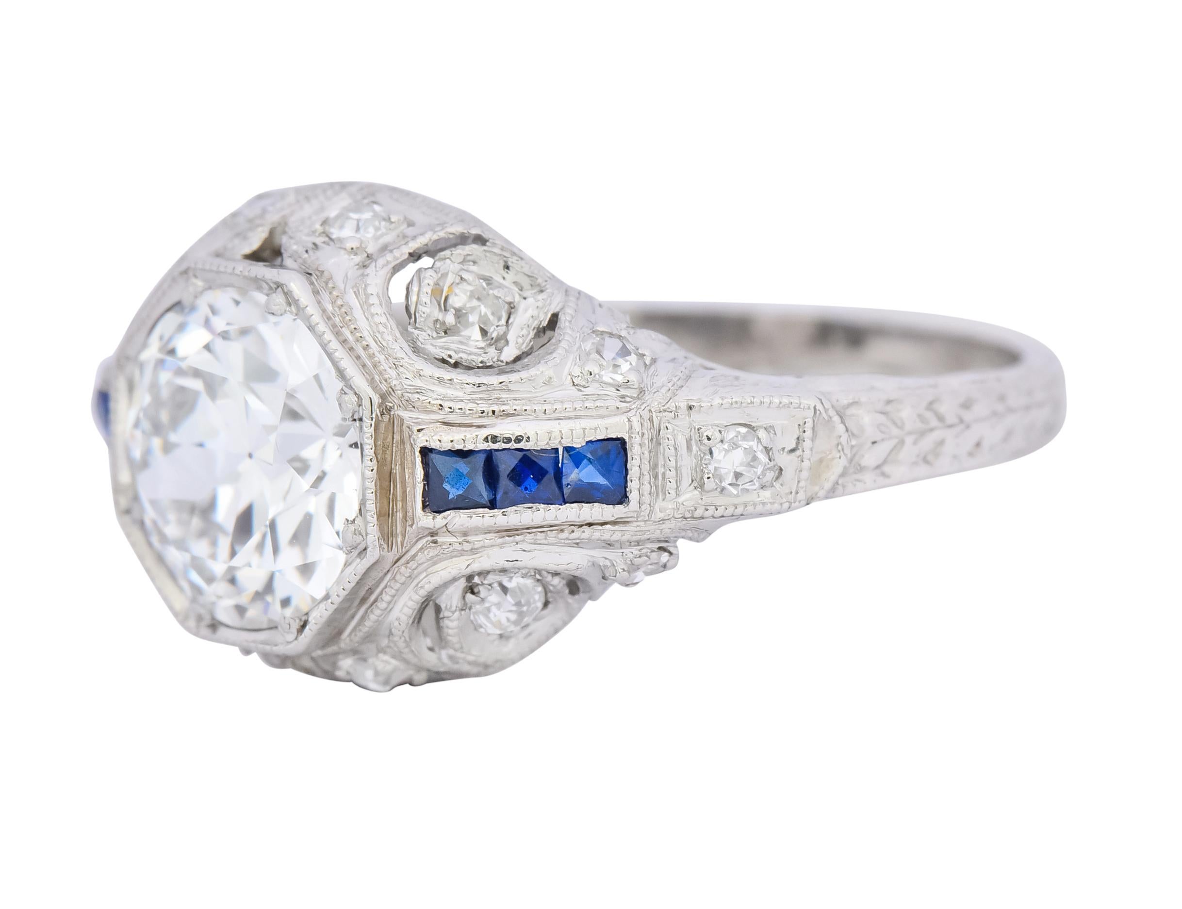 Art Deco 1.83 Carat Diamond Sapphire Platinum Engagement Ring GIA 2