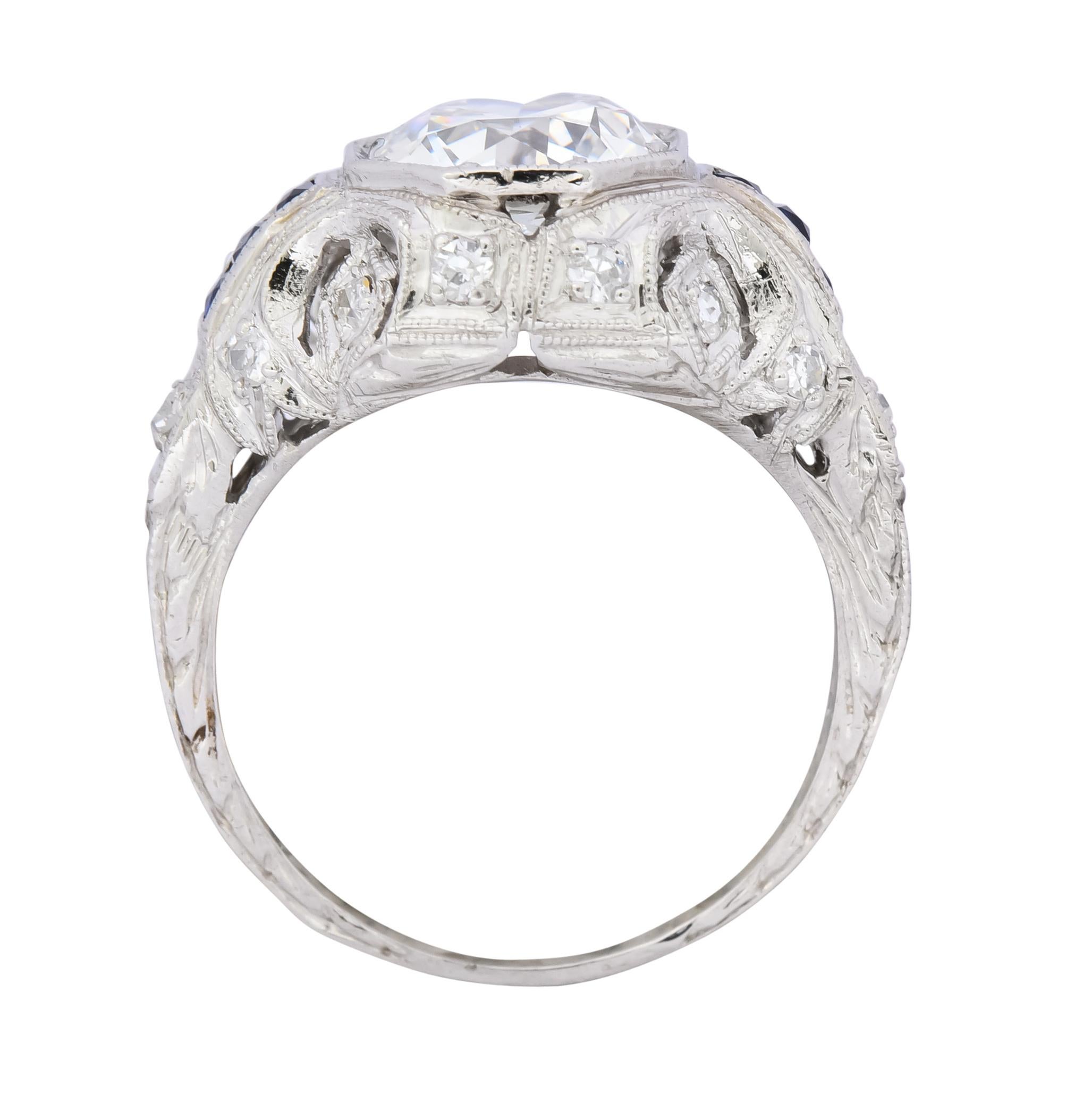 Art Deco 1.83 Carat Diamond Sapphire Platinum Engagement Ring GIA 3