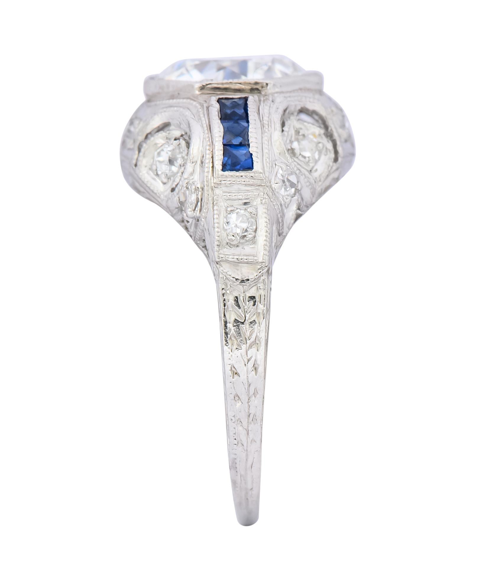 Art Deco 1.83 Carat Diamond Sapphire Platinum Engagement Ring GIA 4