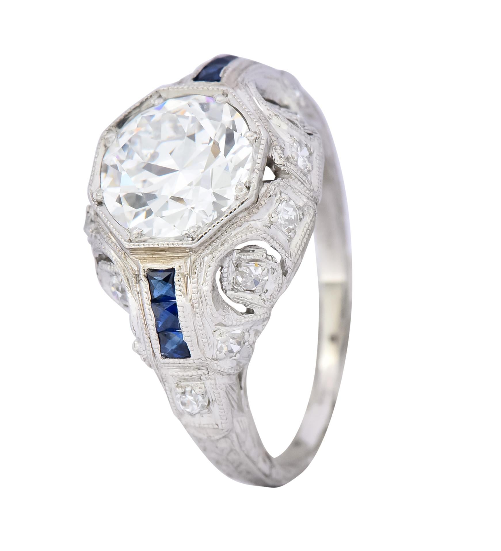 Art Deco 1.83 Carat Diamond Sapphire Platinum Engagement Ring GIA 5