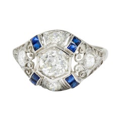 Art Deco 1.85 Carats Diamond Sapphire Platinum Hexagonal Engagement Ring