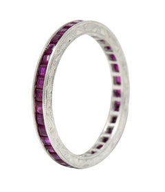 Art Deco 1.85 CTW Square Cut Ruby Platinum Scrolling Eternity Vintage Band Ring