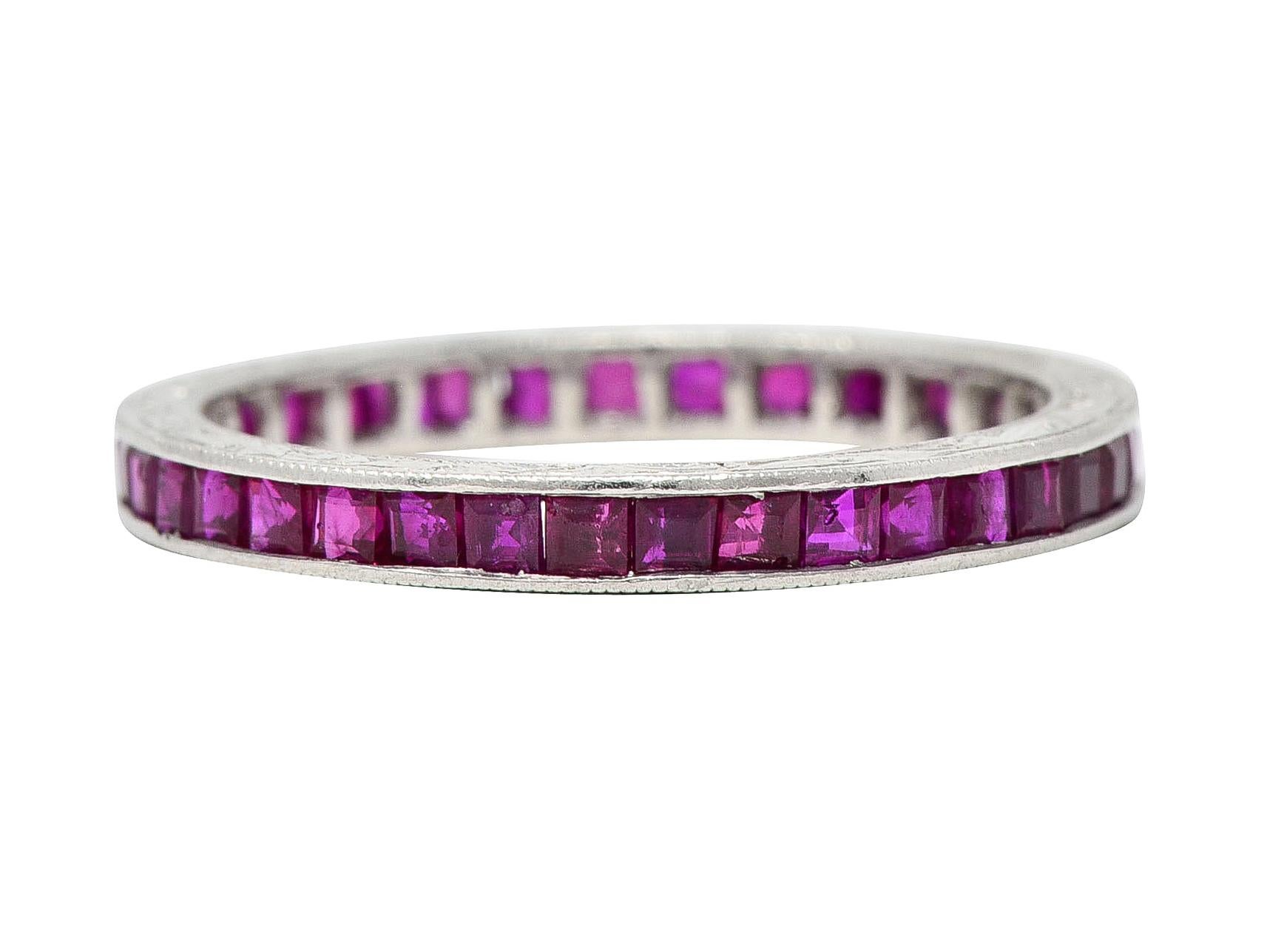 Art Deco 1.85 CTW Square Cut Ruby Platinum Scrolling Eternity Vintage Band Ring In Excellent Condition In Philadelphia, PA