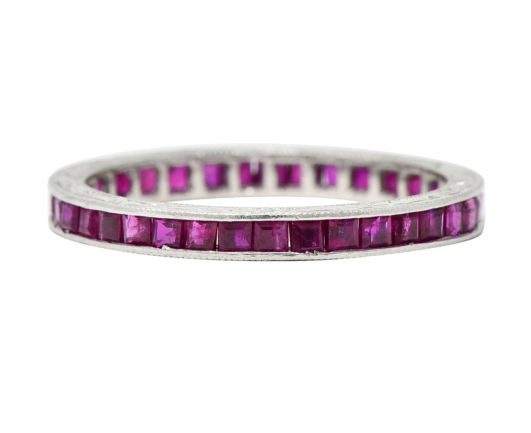 Art Deco 1.85 CTW Square Cut Ruby Platinum Scrolling Eternity Vintage Band Ring 1