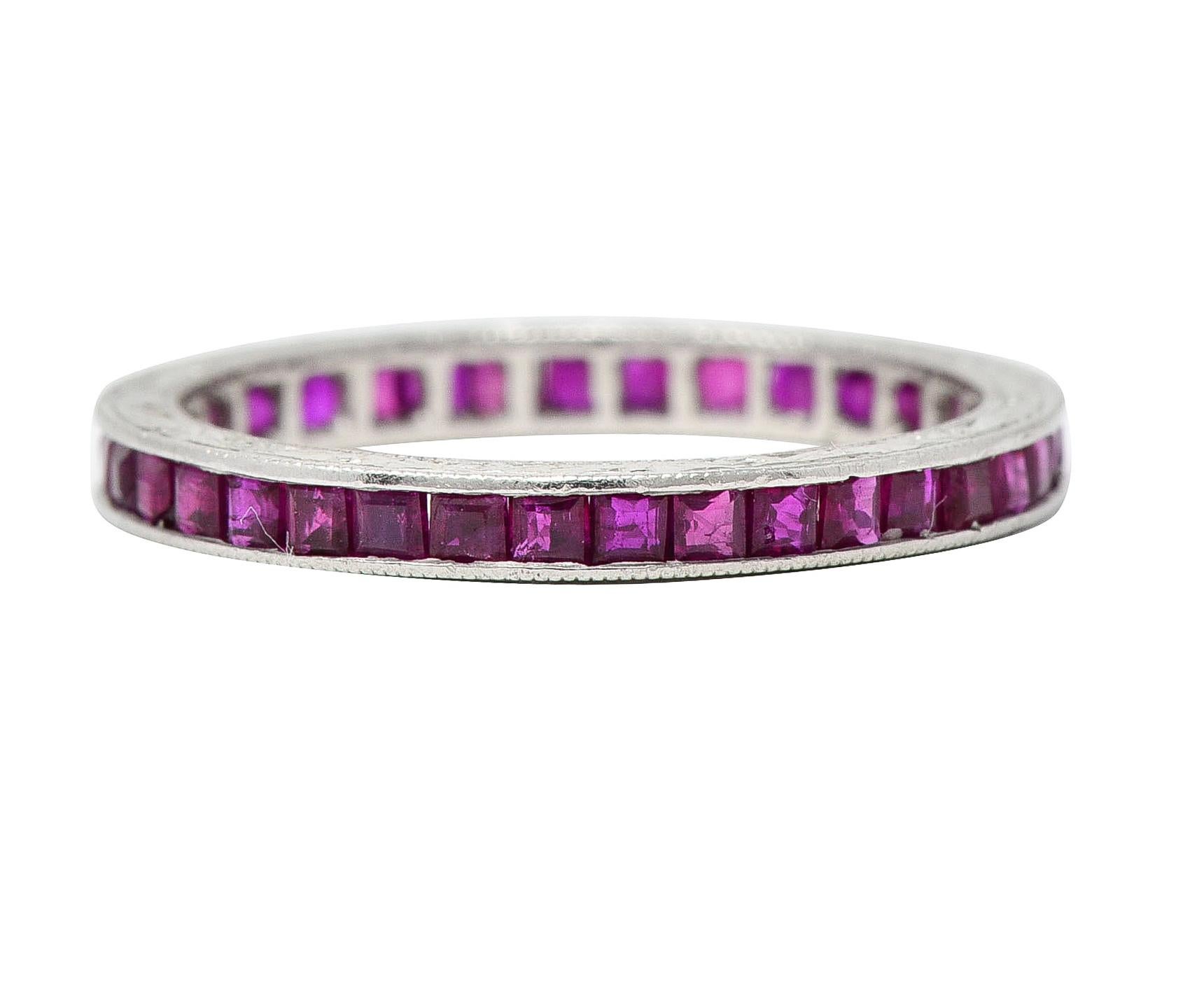 Art Deco 1.85 CTW Square Cut Ruby Platinum Scrolling Eternity Vintage Band Ring 3