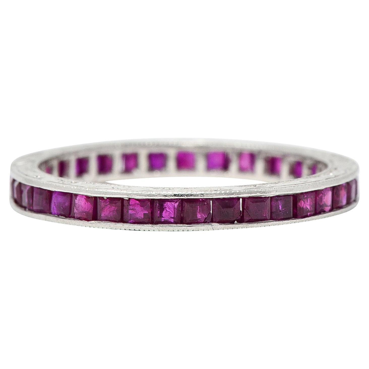 Art Deco 1.85 CTW Square Cut Ruby Platinum Scrolling Eternity Vintage Band Ring