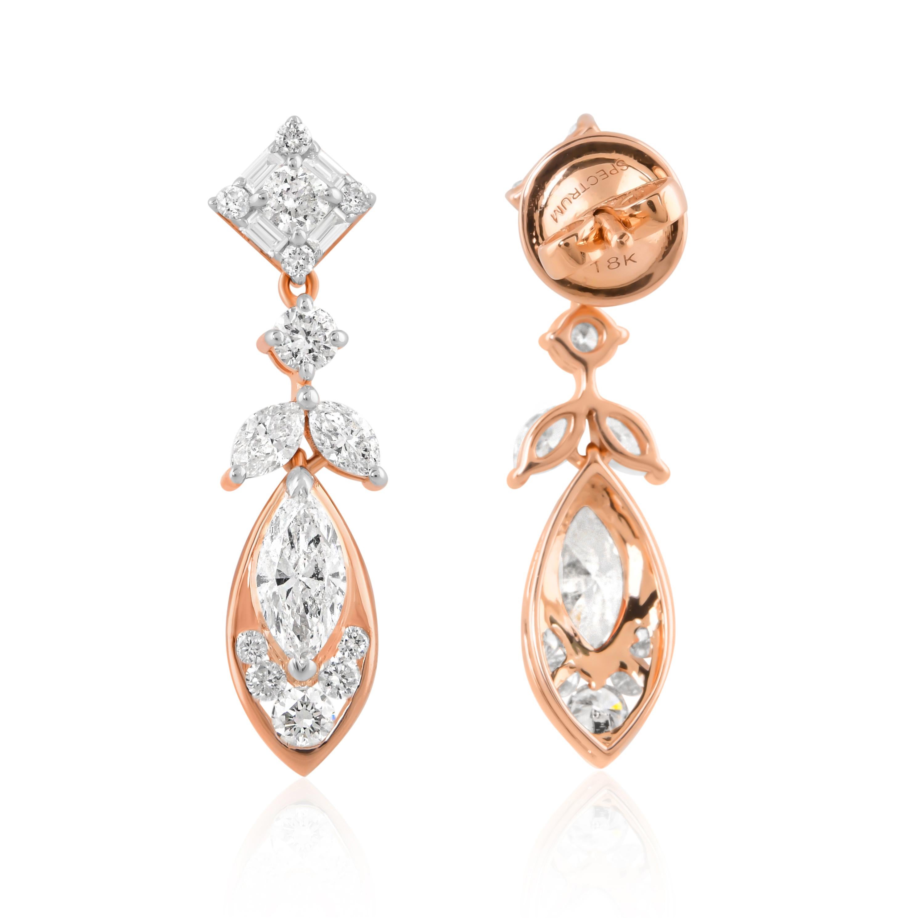Orecchini Art Deco con diamante naturale da 1,85 carati in oro rosa massiccio 14 carati In condizioni Nuovo in vendita a Diera, Dubai