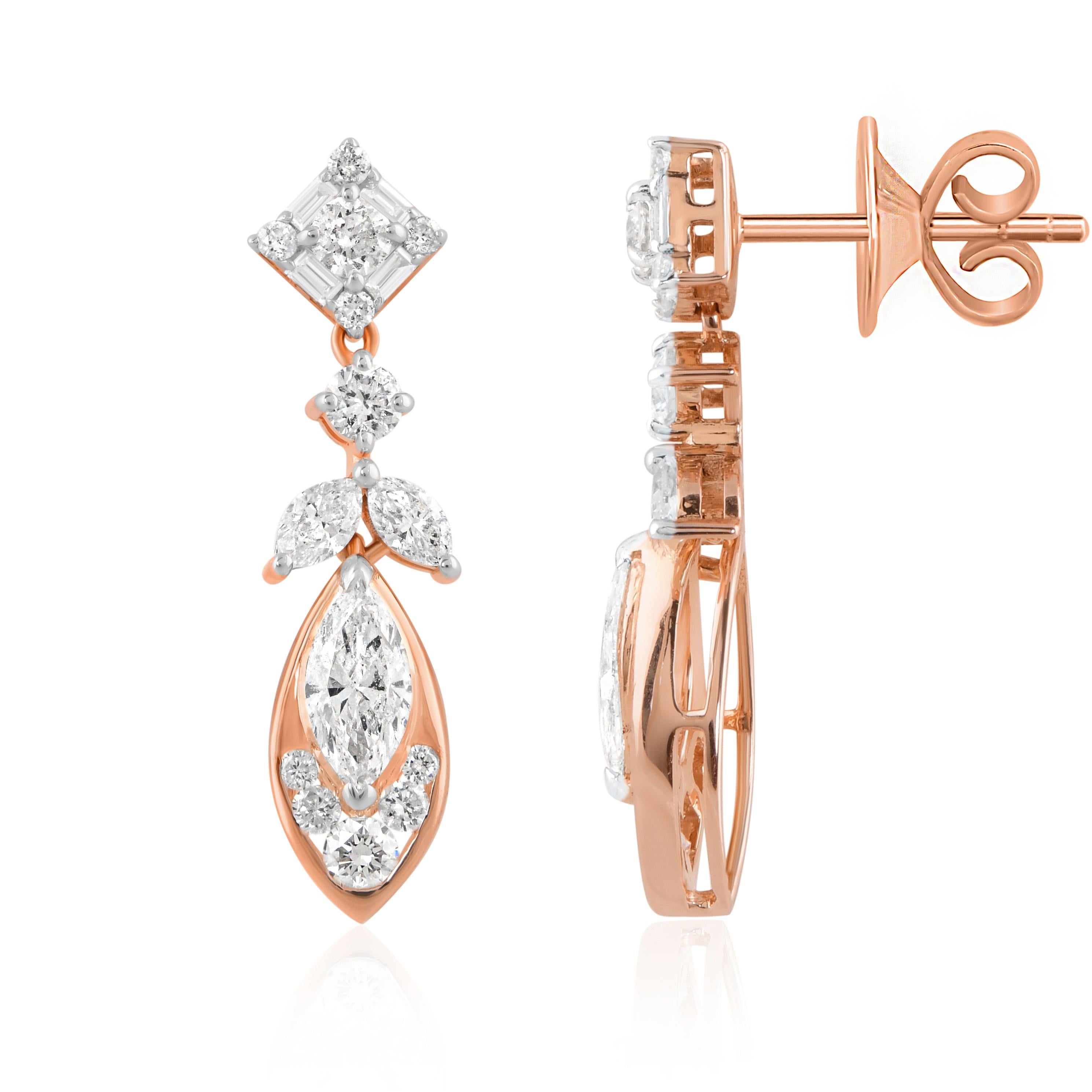 Orecchini Art Deco con diamante naturale da 1,85 carati in oro rosa massiccio 14 carati in vendita 1