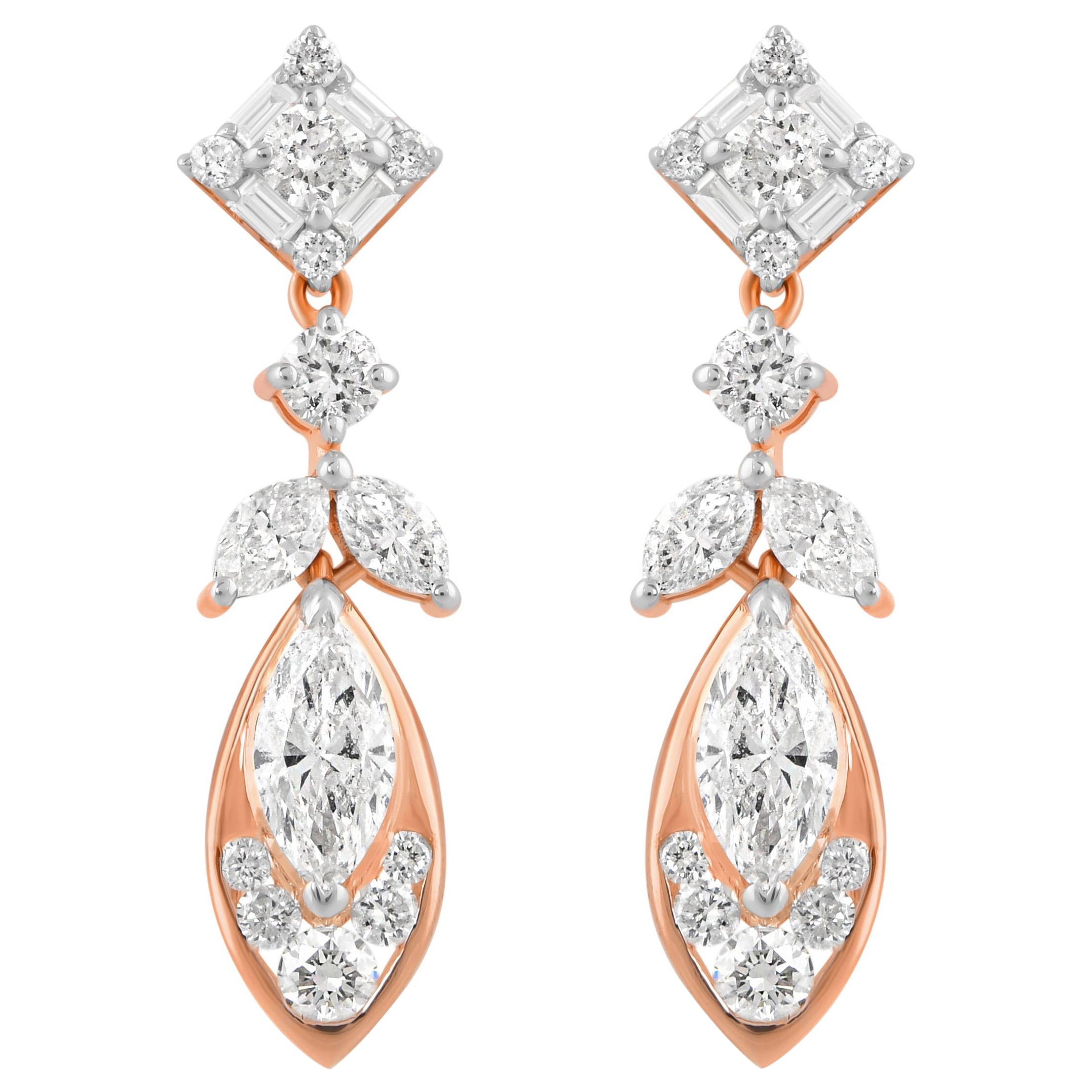 Pendientes colgantes de oro rosa macizo de 14 quilates con un diamante natural Art Decó de 1,85 quilates