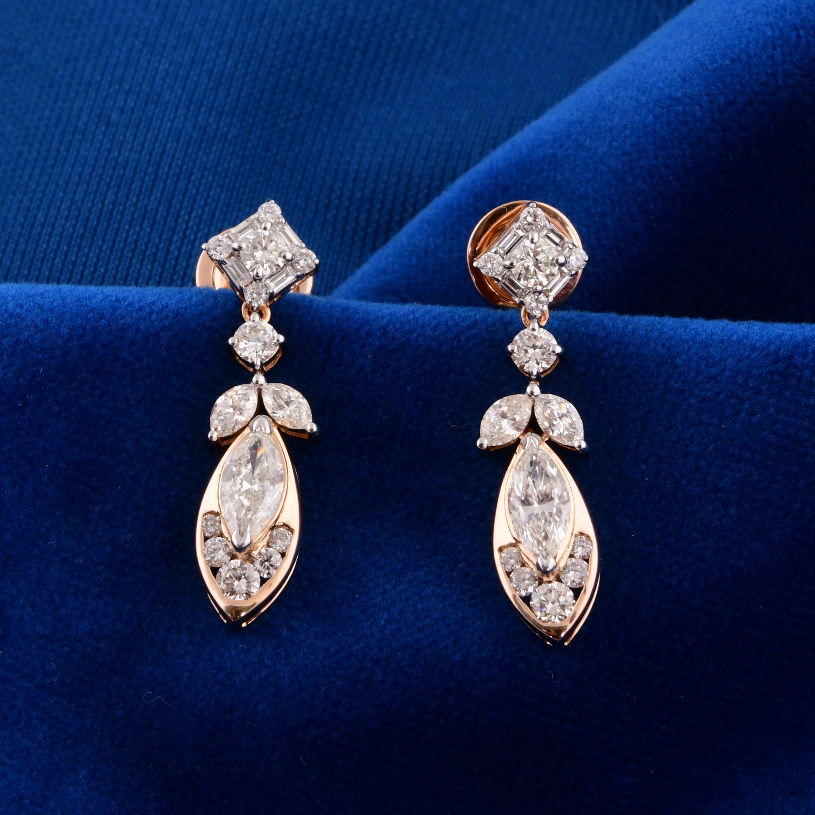 Art Déco Orecchini pendenti con diamanti naturali Art Deco da 1,85 carati in oro rosa massiccio 18 carati in vendita